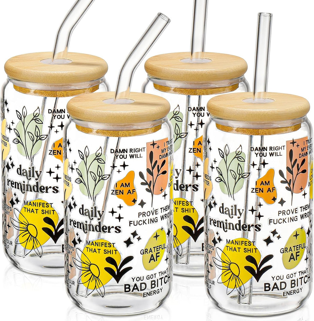Iced Coffee Cups with Lids,Glass Cups with Lids and Straws,4 Coffee Tumbler