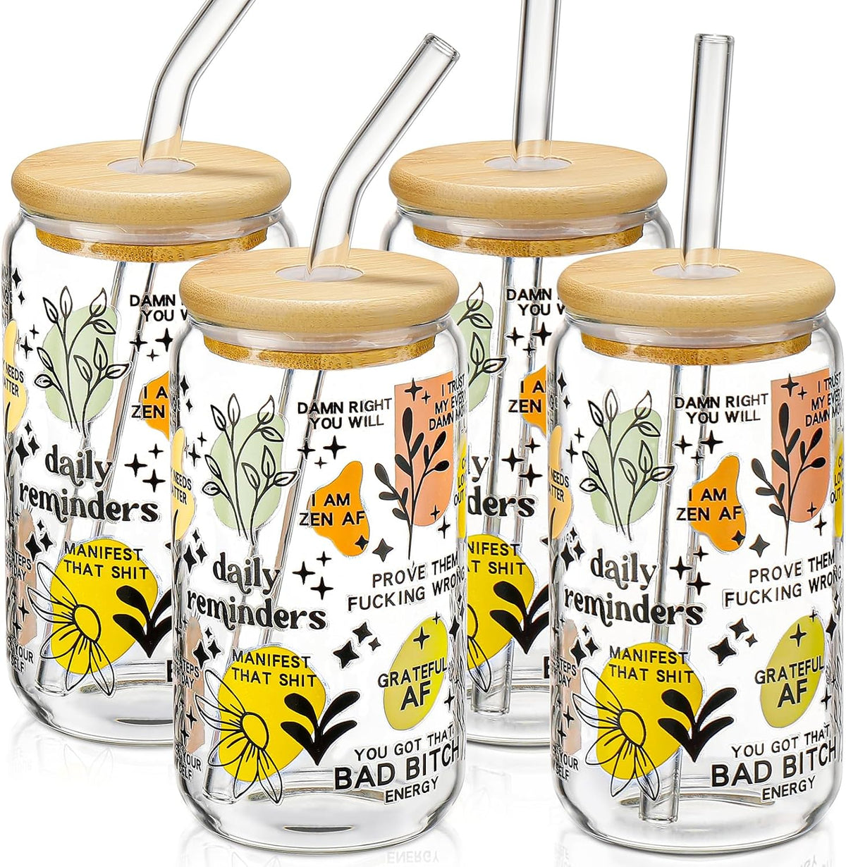 Iced Coffee Cups with Lids,Glass Cups with Lids and Straws,4 Coffee Tumbler