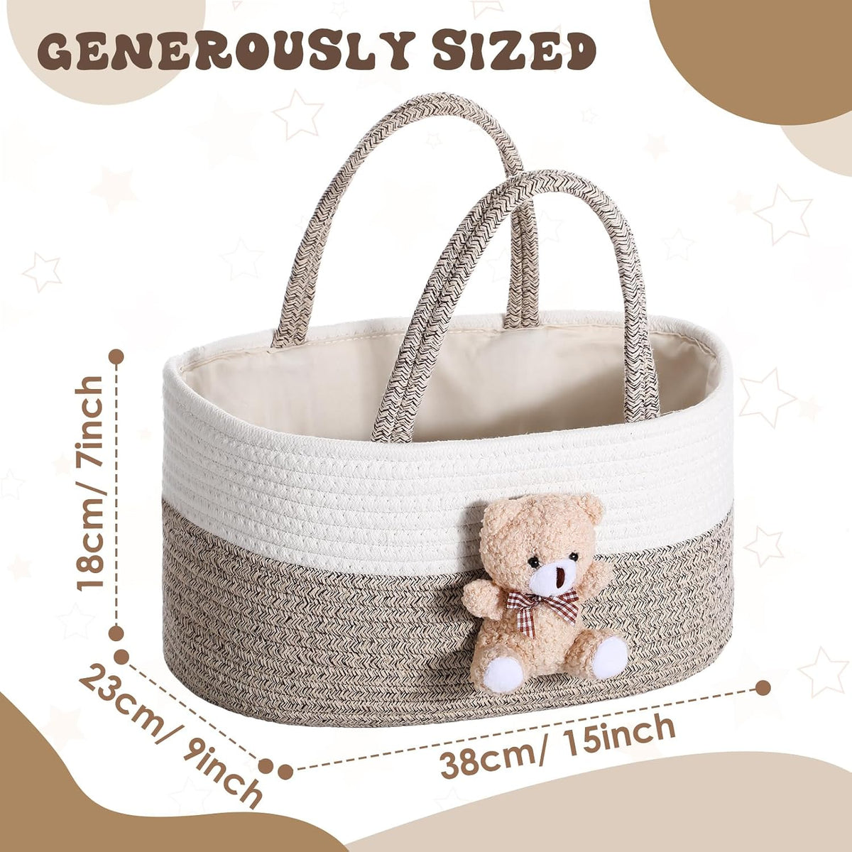 FoldTier Diaper Caddy Organizer Teddy Bear Basket for Nursery with Handle Baby Shower Storage Bin Portable Cotton Rope Gift Bag for Changing Table Cart Car Baby Wipes Newborn Essentials(Gray White)
