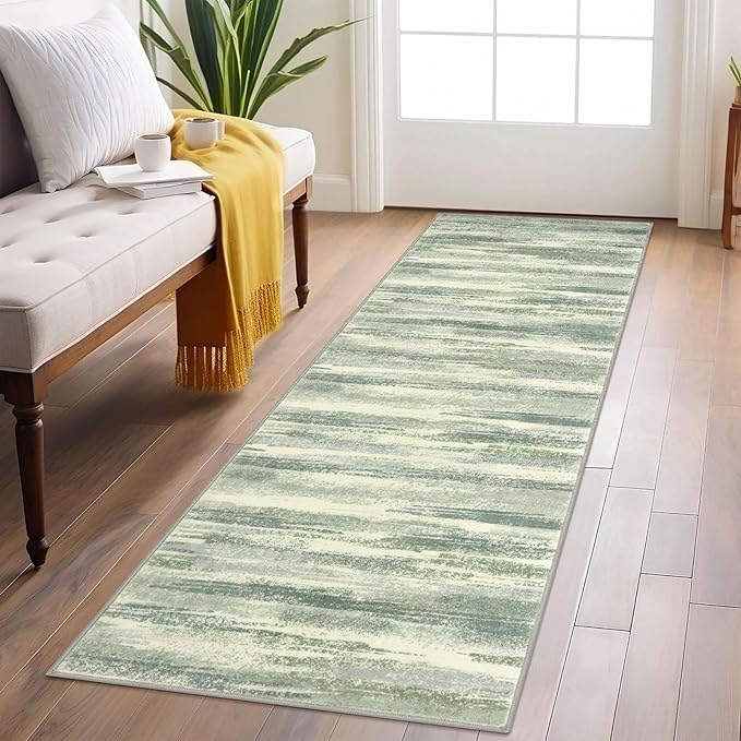 Lansny Modern Abstract Runner Rug 2x6, Sage Green Grey Washable Entryway Runner by lansny
