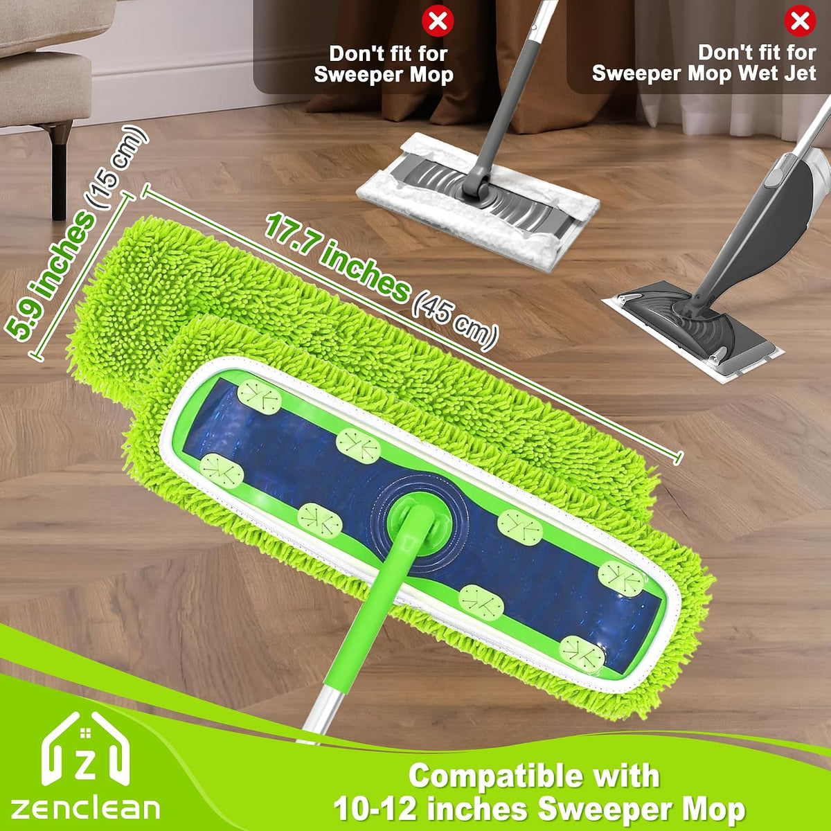 Reusable Microfiber Mop Pads 4 Pack Compatible with SwifferSweeper XL Mop for Wet & Dry Floor Cleaning (Green)