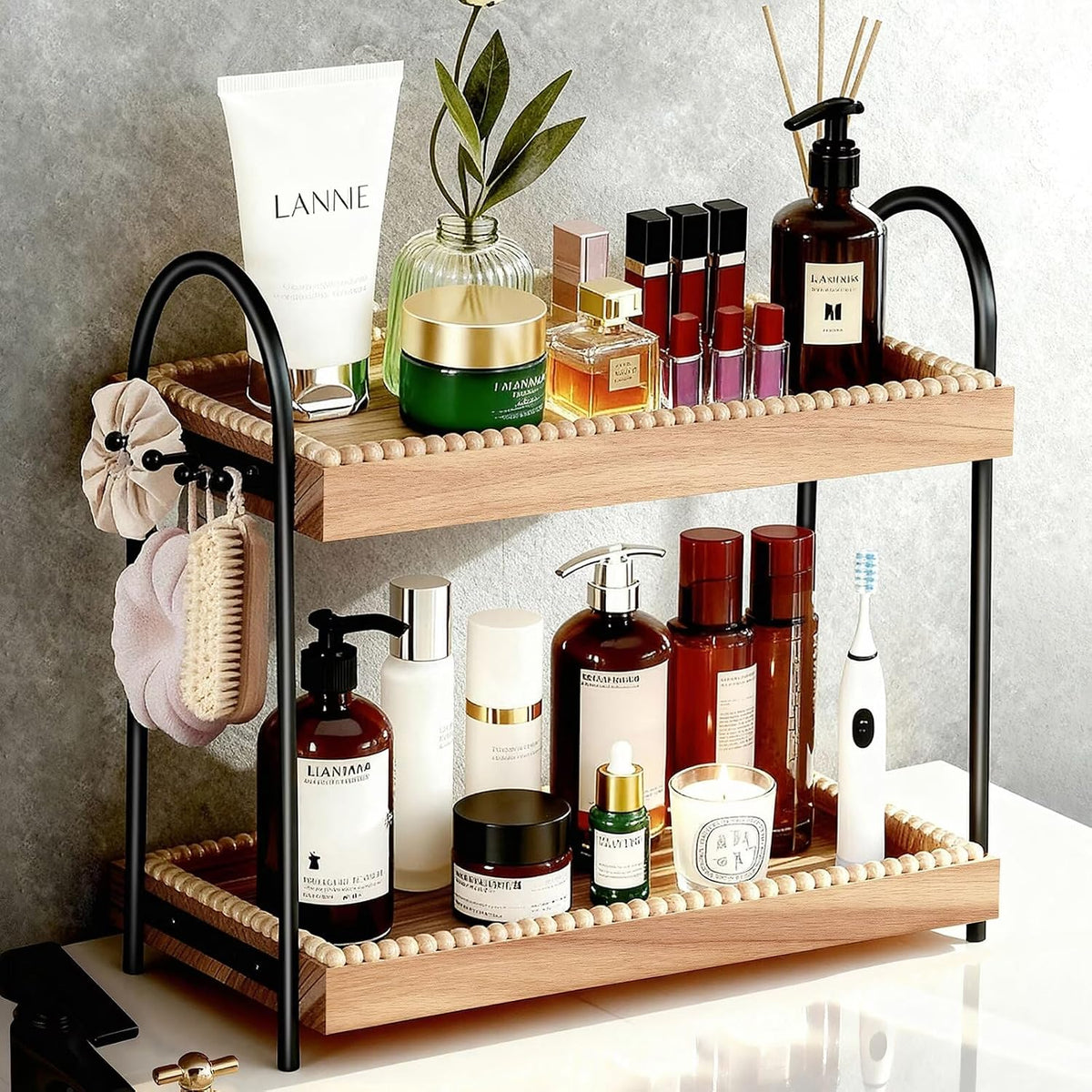 Bathroom Organizer Countertop Tall 2-Tier Waterproof 20+ Bottles 8 Hooks