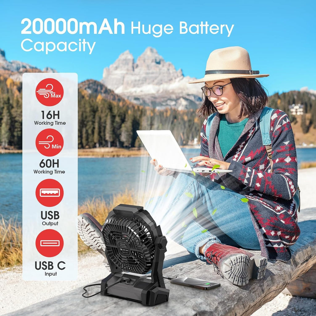 Portable Fan Rechargeable 20000mAh Cordless Battery Powered Camping Fan