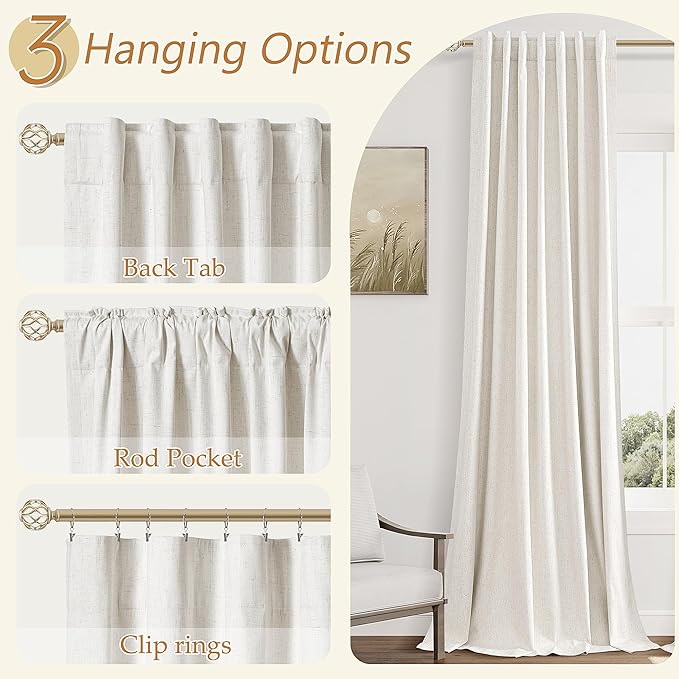 Beige White 100% Blackout Linen Curtains 108 Inch Length 2 Panels Set - Image 6