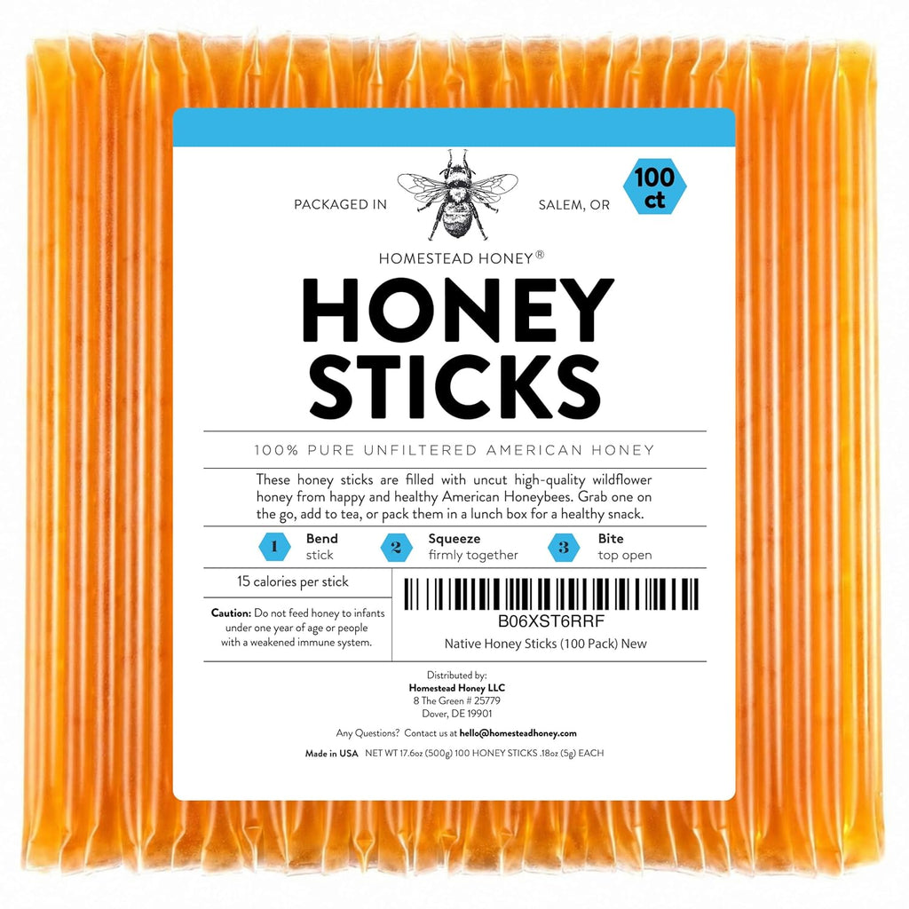 Homestead Honey Native Sticks 100 Count - Pure Wildflower - Individual Packets - Unfiltered Snack for Kids, Hiking, and Tea - Natural, No Additives - 8.25x6x1.25 inches