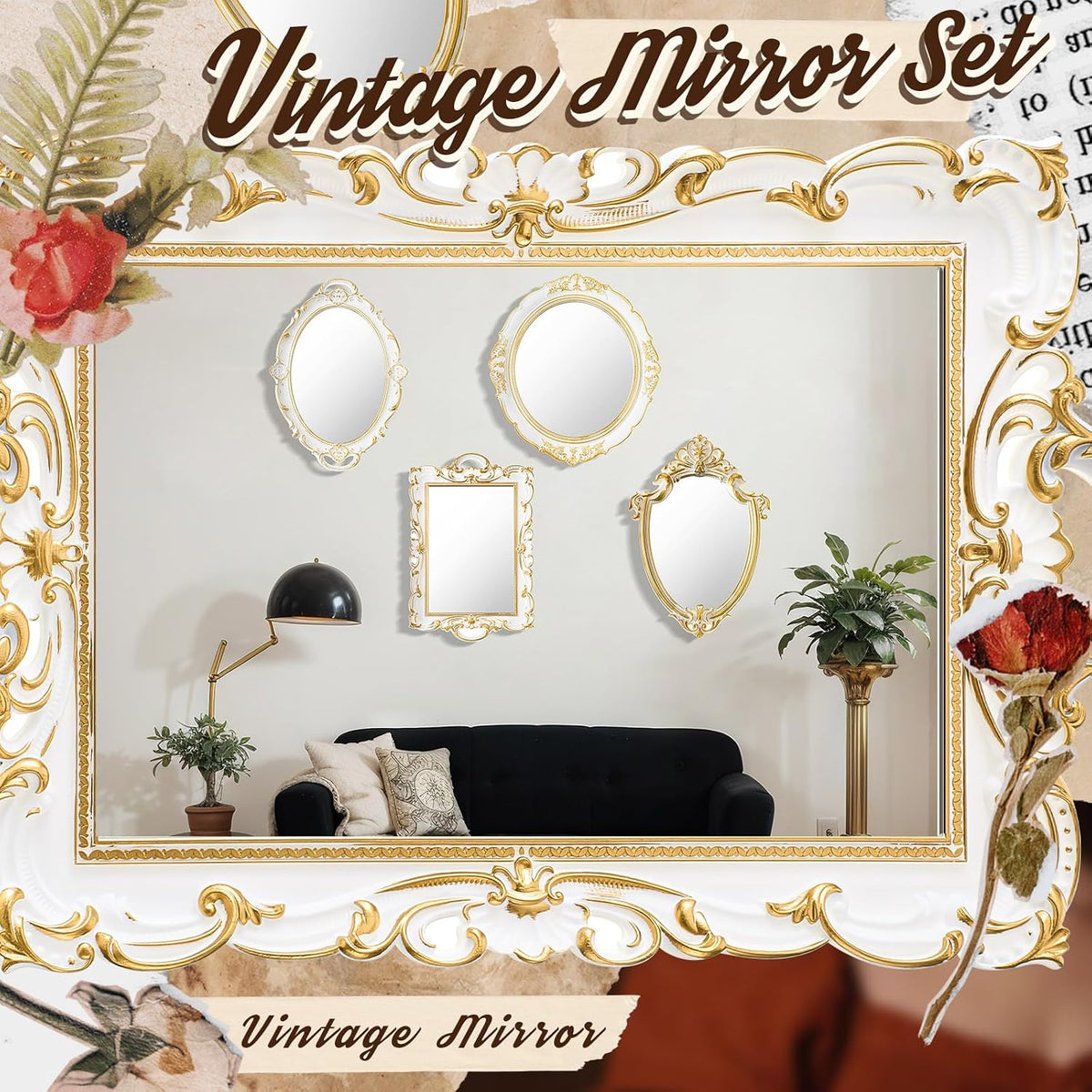 Beeveer 4 Pcs Vintage Gold Wall Mirror Set Luxury Gallery Wall Mirror Decorative Hanging Antique Decor for Living Room Entryway Wedding Bedroom Bathroom Victorian Decor (Elegant,White)