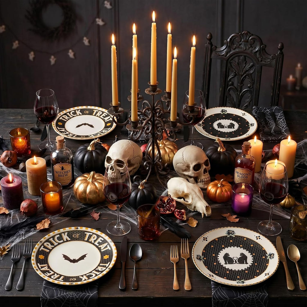 4 Pcs Tile Stoneware 24k Gold Accent Halloween Dessert Plates Ceramic