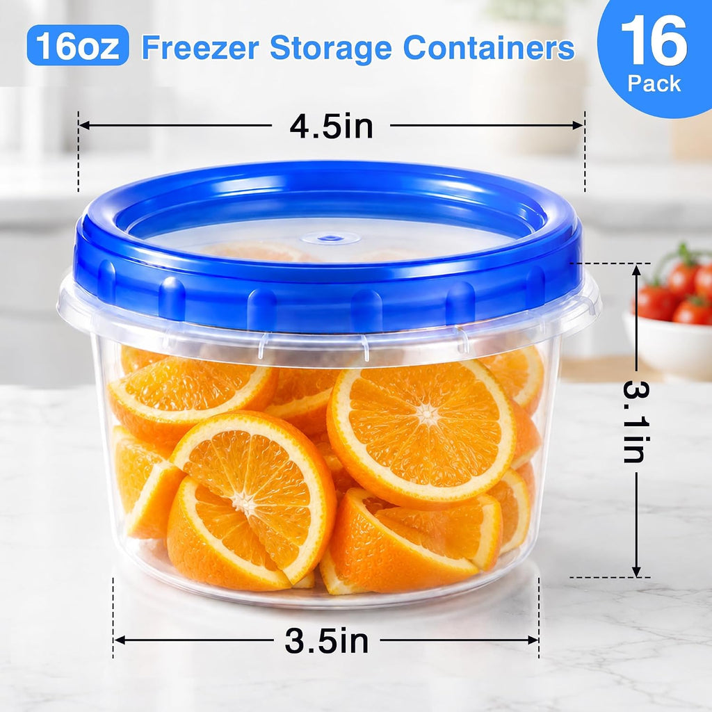 16 Pack 16 oz Reusable Freezer Storage Containers with Twist Top Lids