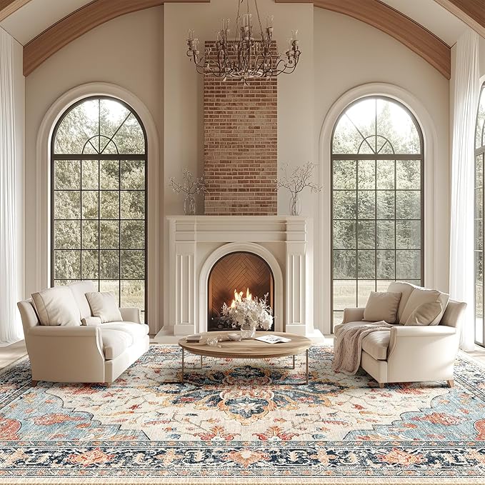 Area Rugs 10'x14' Washable Non-Slip, Floral Vintage Distress Print Pattern by RELEANY