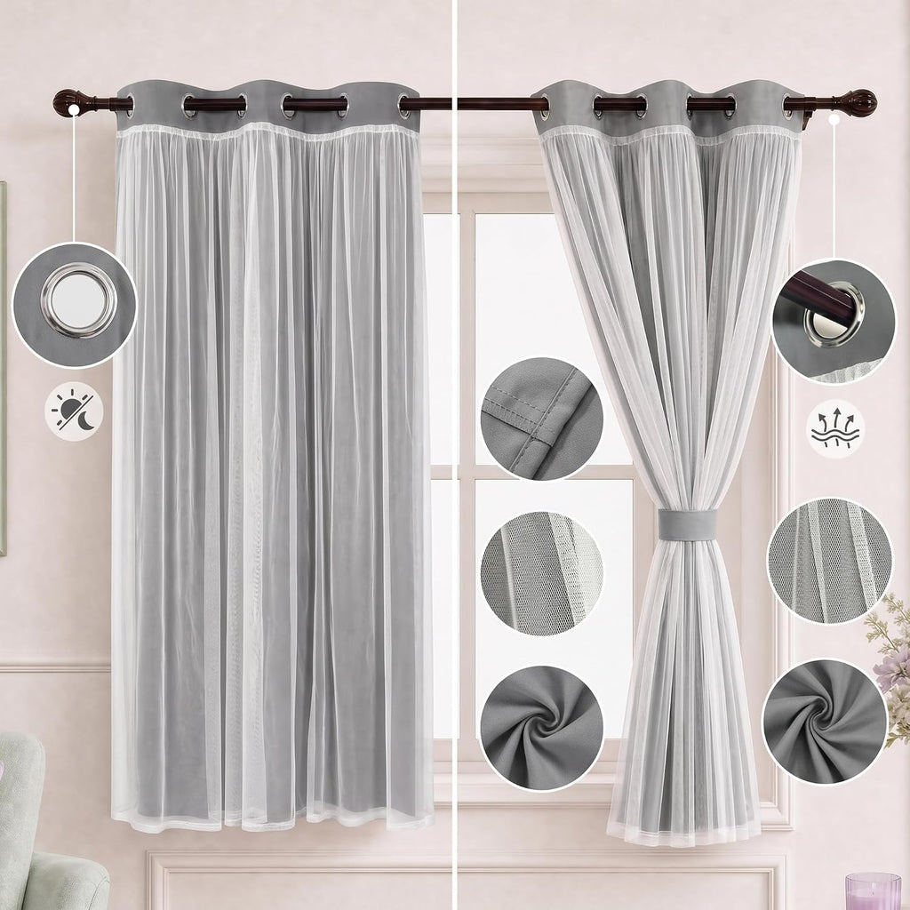 INLINAS Blackout Curtains with Sheer Overlay, Light Grey, 37x72 Inches