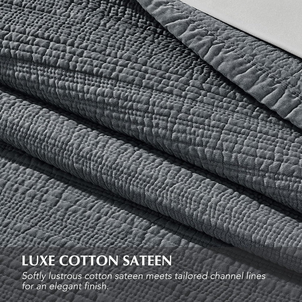 EVERGRACEHOME Cotton Sateen Channel Quilt Set, Queen Size, Midnight Blue