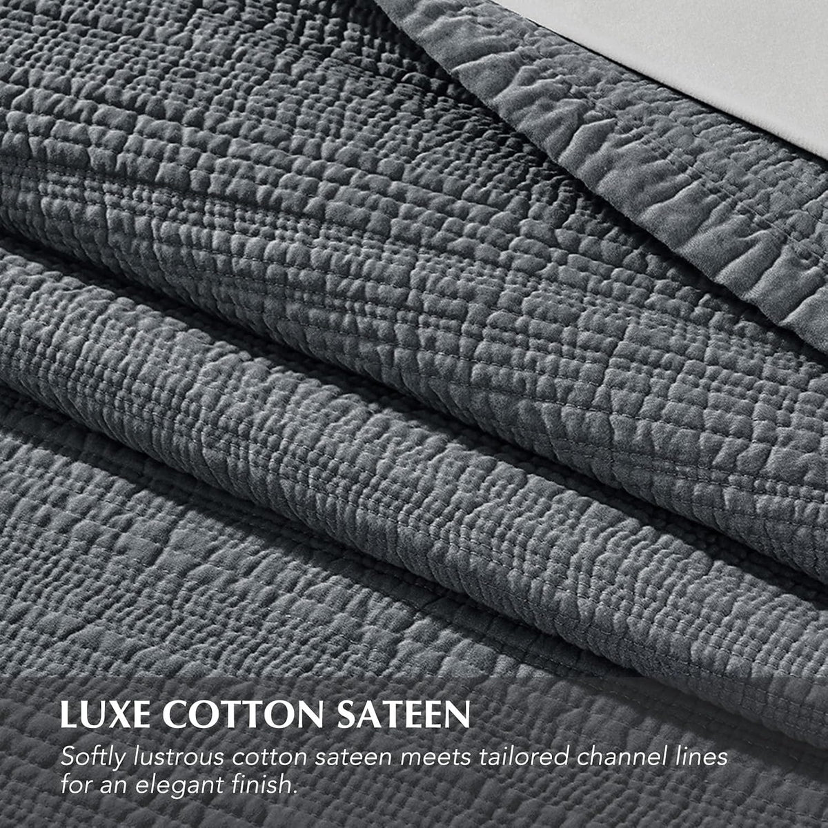 EVERGRACEHOME Cotton Sateen Channel Quilt Set, Queen Size, Midnight Blue