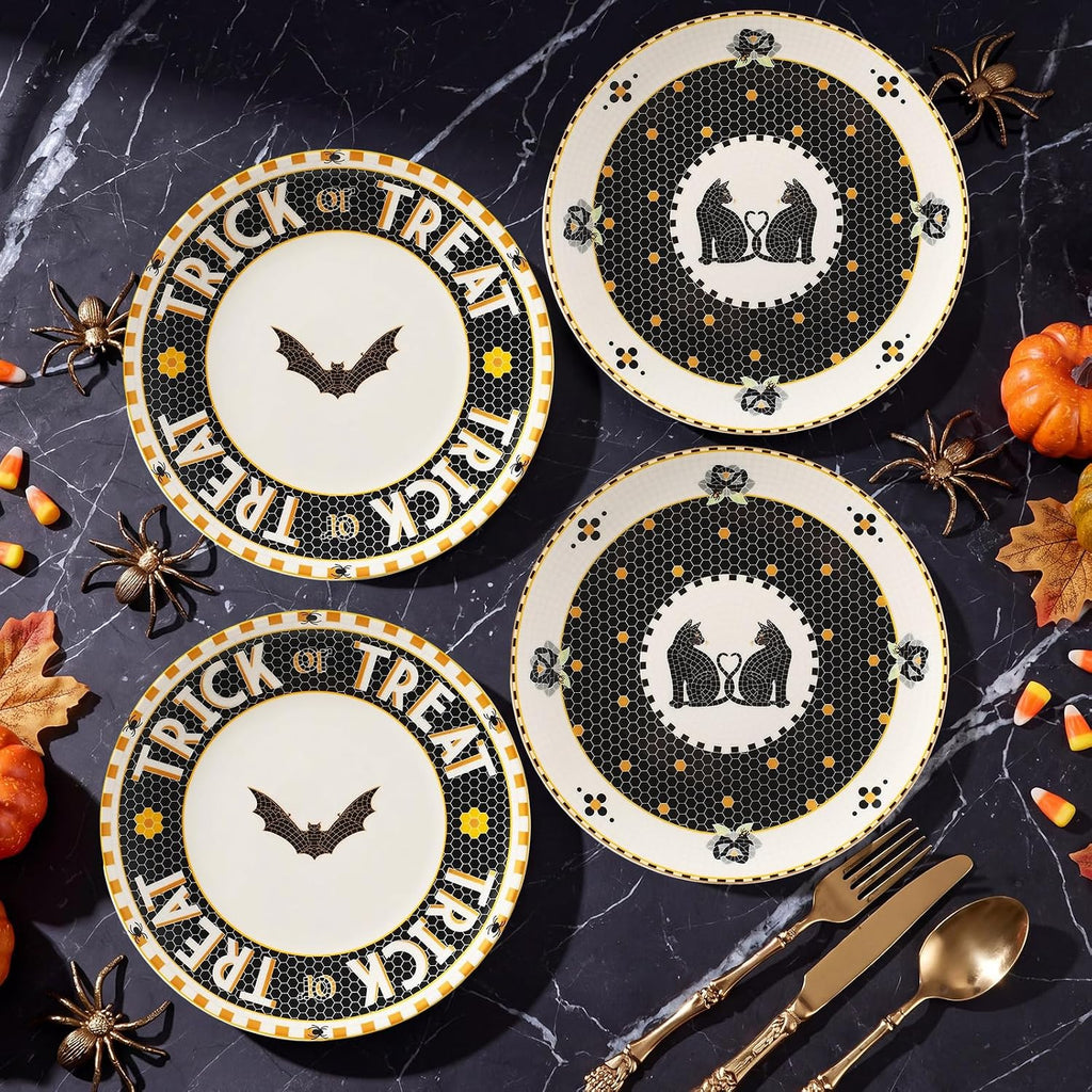 4 Pcs Tile Stoneware 24k Gold Accent Halloween Dessert Plates Ceramic
