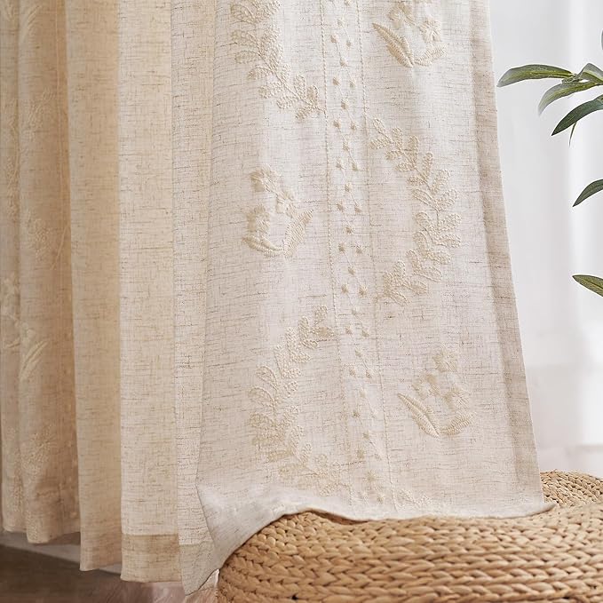 jinchan Belrose Linen Curtains for Bedroom Floral Curtains 63 Inch Length Linen - Image 9