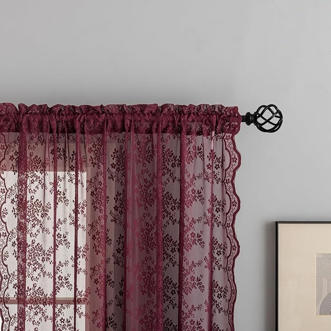 YJ YANJUN Vintage Lace Curtains 54 Inch Length-Victorian Floral Pattern Red - Image 2