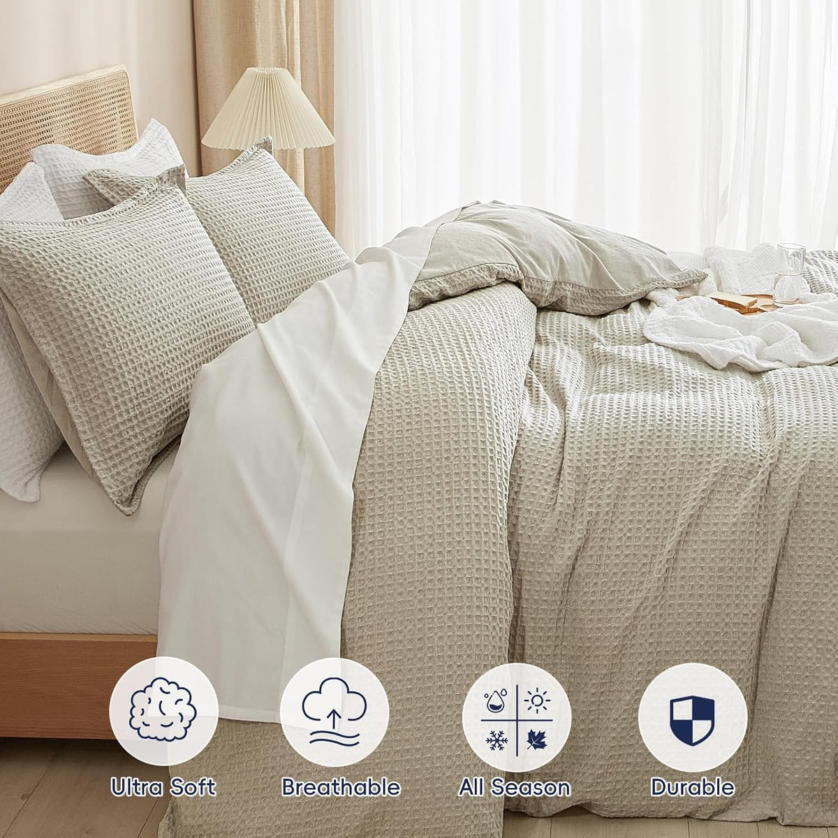 PHF Waffle Duvet Cover Set King, Ultra Soft & Breathable, 104"x90", Linen