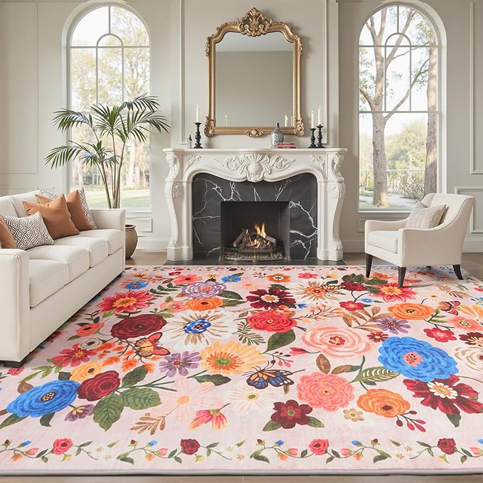 Pink/Beige Floral Washable 6x9 Area Rugs, Soft Bedroom Rug - Image 2