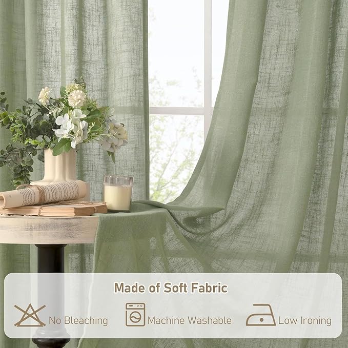 LAMIT Sage Green Linen Curtains 24 Inch Length, Semi Sheer Light Filtering - Image 8