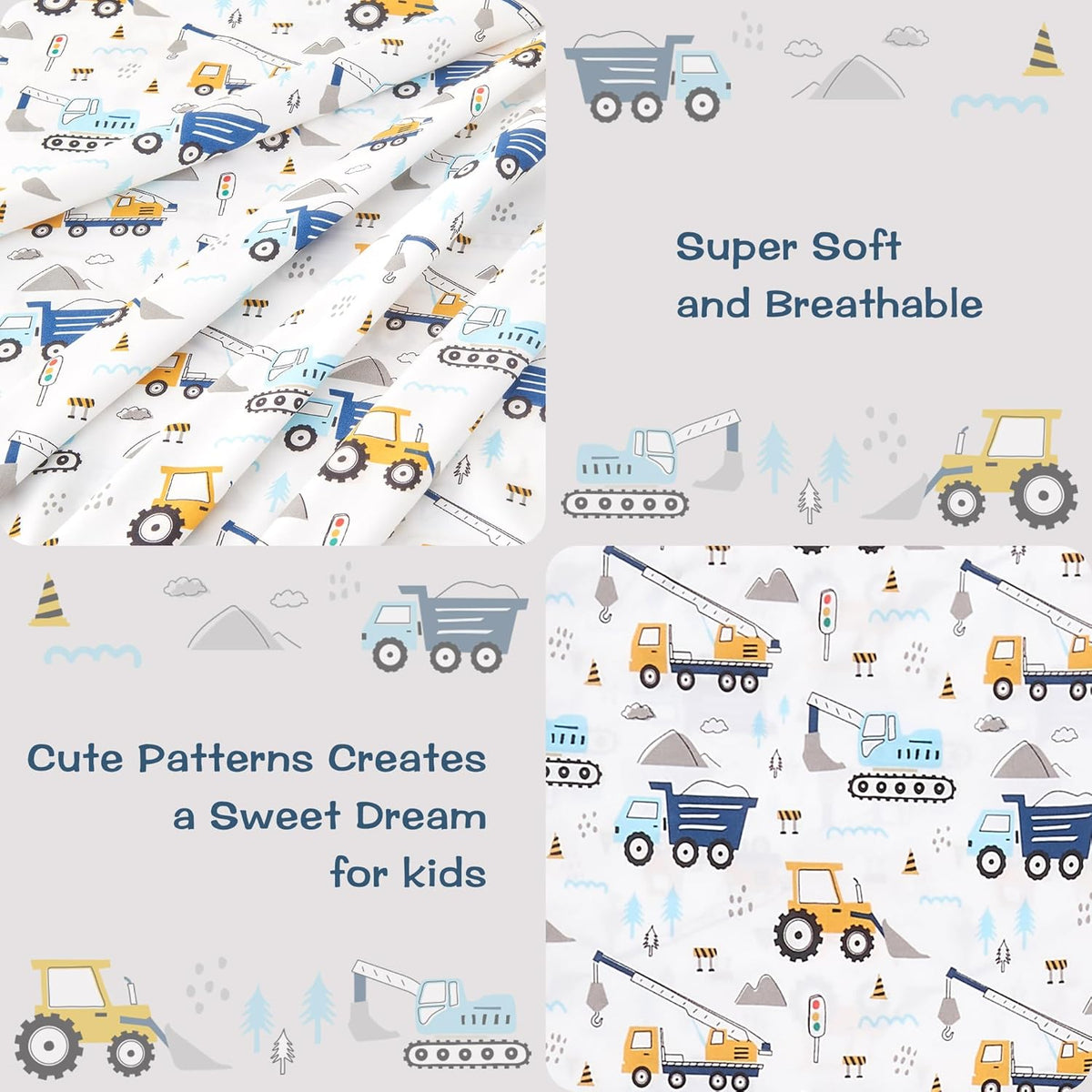 lasoftan Kids Sheet Set Twin Size 3 Pcs, Boys Sheet Set with Blue Excavator Car Pattern，Kids Boys Twin Fitted Sheet，Breathable & Silky Soft Microfiber Fitted Sheet
