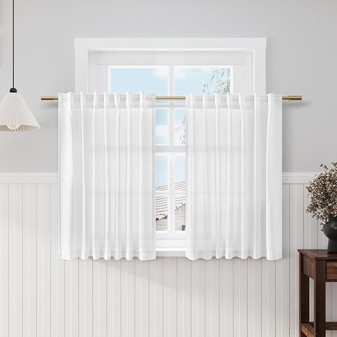Nanspring White Linen Curtains 49 Inch Length Back Tab Pocket Semi Sheer Light by Nanspring