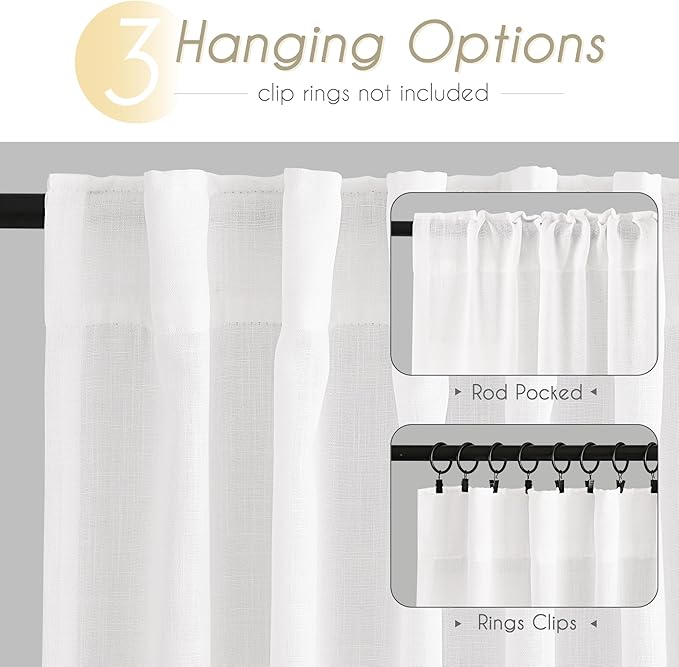 Extra Long White Curtain 144 inches Long 2 Panels Set Back Tab Light Filtering - Image 3