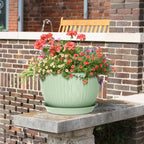 Meowell Large Flower Pots 12/10/9 inch, 3 Set Wide Plant Pots for Outdoor Indoor Plants with Water Ripples, Big Plastic Planters with Drainage Holes and Saucers for Garden House Plants, Green