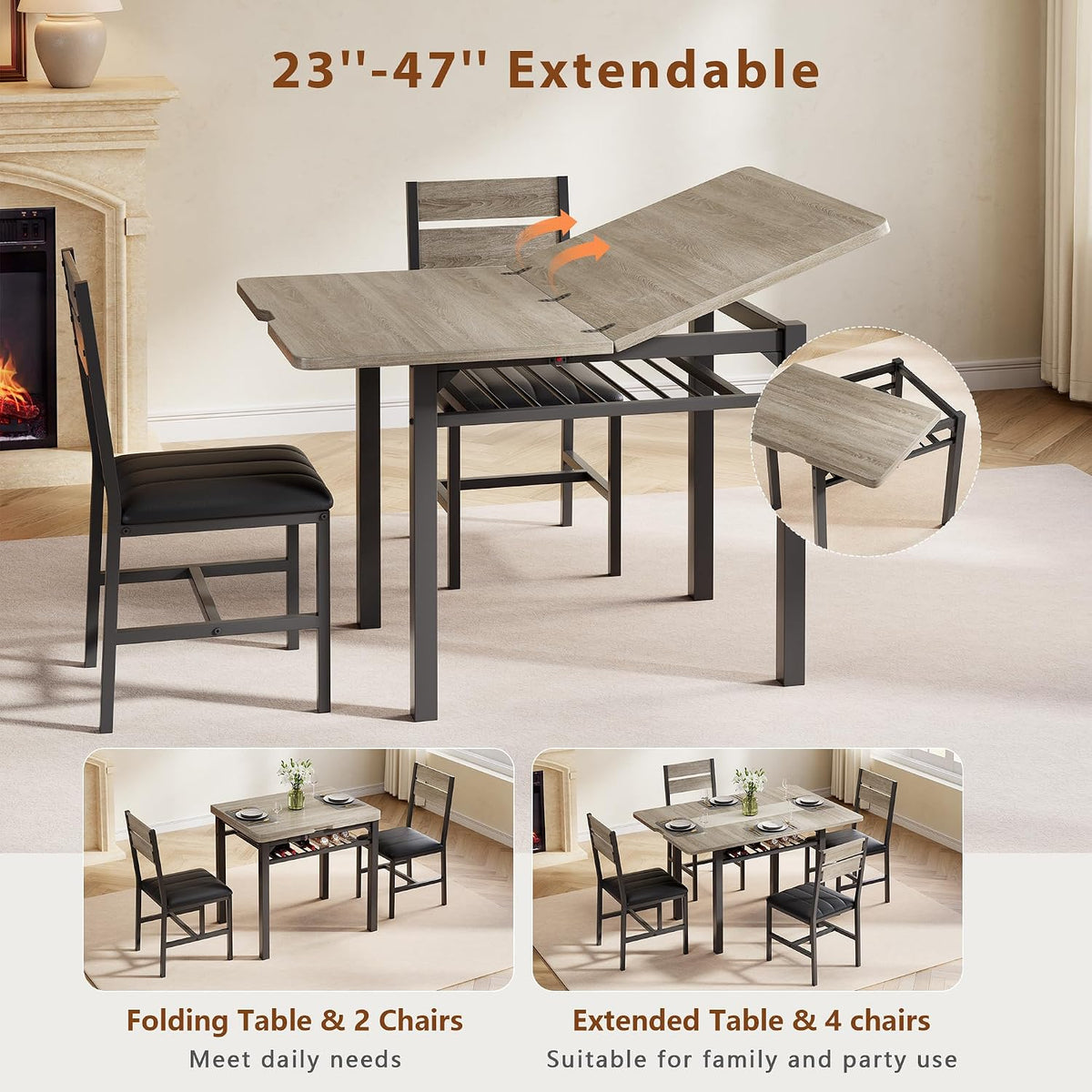 Extendable Dining Table Set for 4 with Shelf Rack&4 PU Leather Chairs Grey