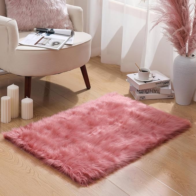 Ashler Faux Fur Rug: Ultra Soft, Fluffy Shaggy 2 x 3 Feet Rectangle, Blush Pink by AshlerHomeDeco