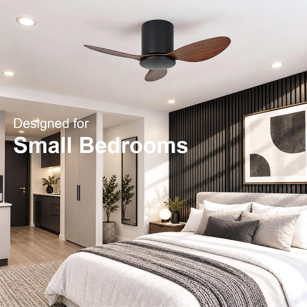 25 Inch Small Ceiling Fan No Light, Low Profile, Black Walnut