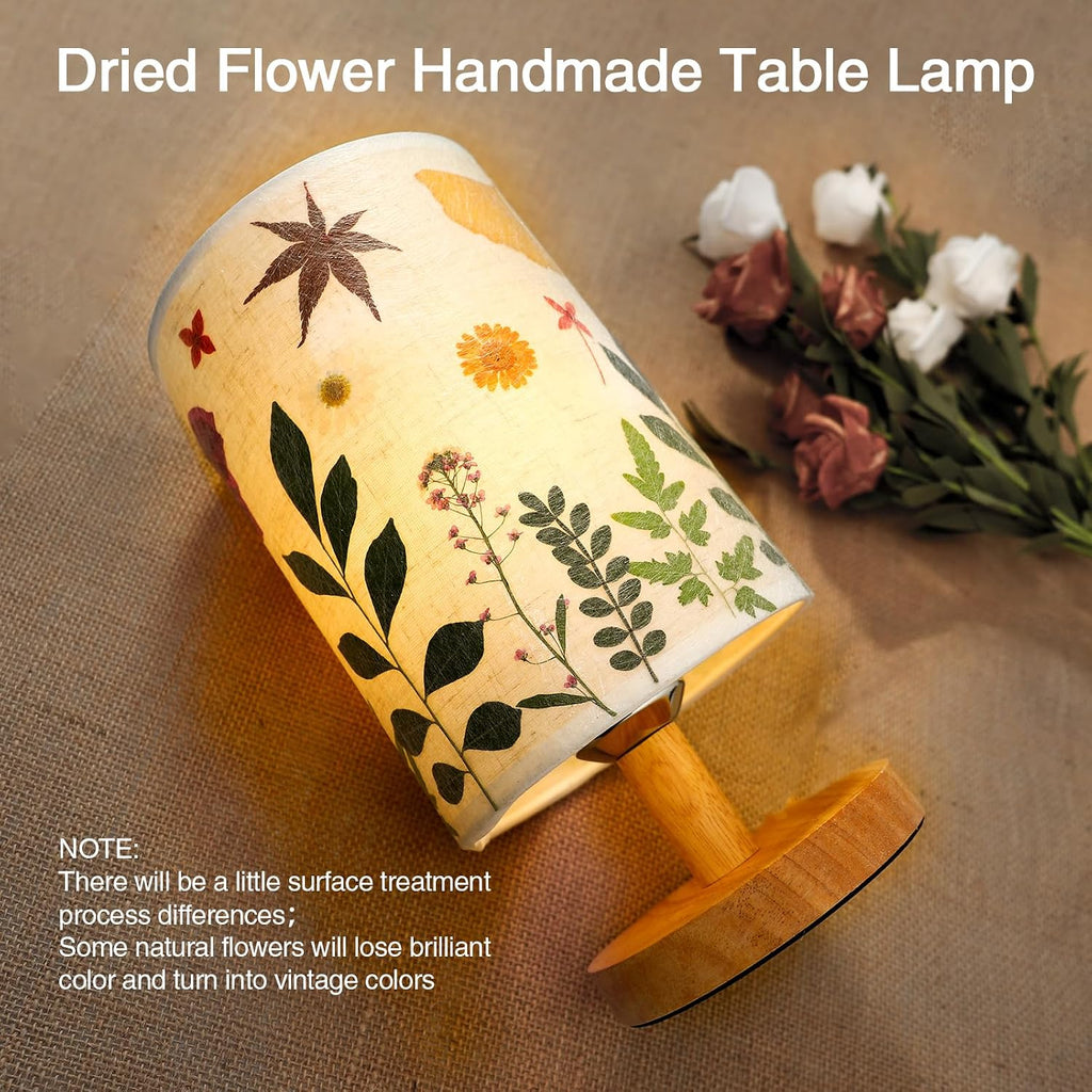 Pressed Flowers Table Lamp 5W LED 3Color Temperatures Dried Flower Bedside Lamp Linen Shade with Wood Base for Bedroom Living Room Desk Office