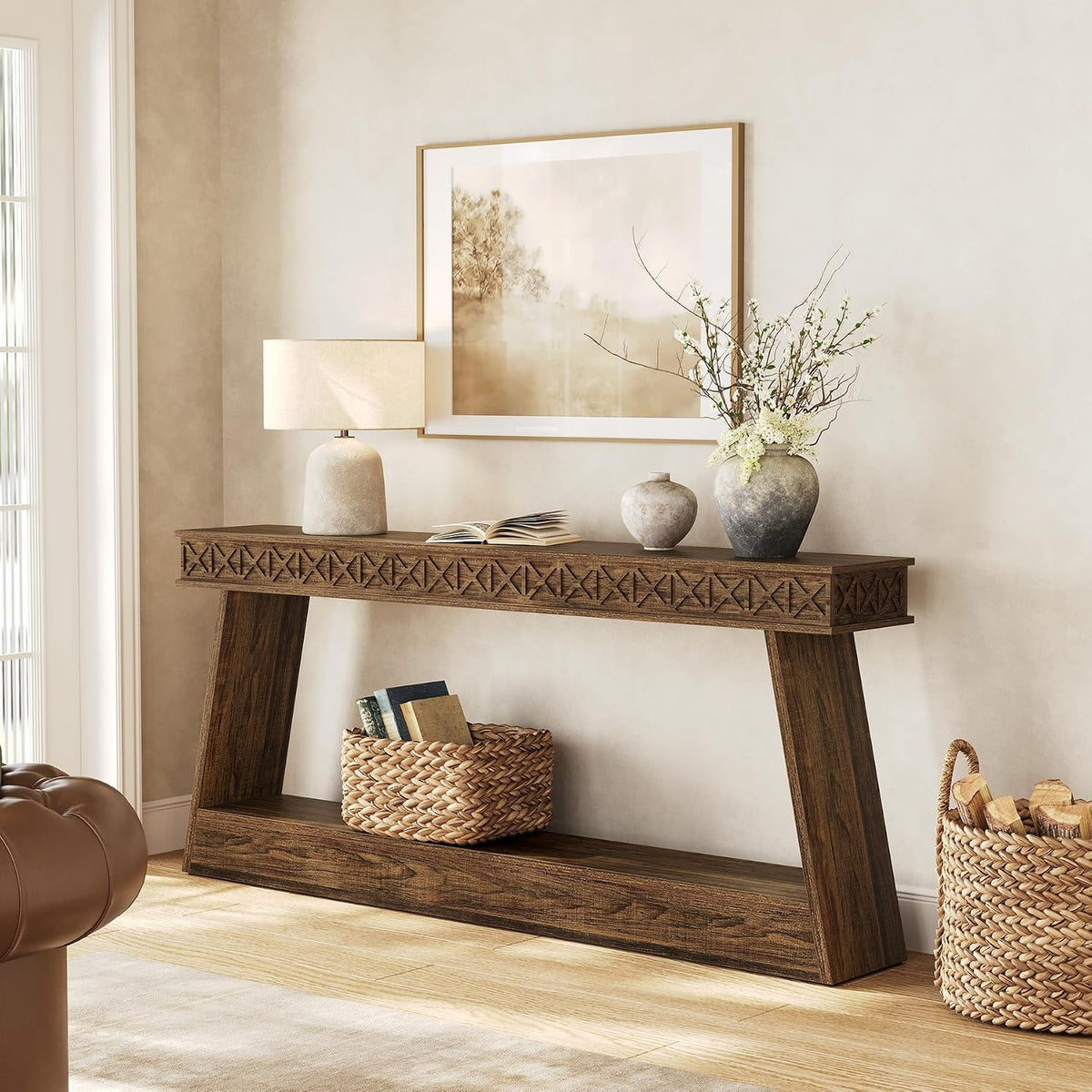 LITTLE TREE 70.87" Long Farmhouse Console Table, 2-Tier Shelf Narrow Accent Entryway Sofa Table for Living Room, Behind Couch, Hallway - Dark Brown