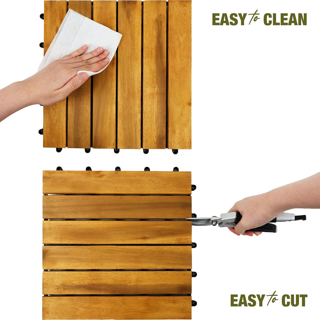 Acacia Wood Interlocking Deck Tiles, Patio & Backyard Tile, 12 in, 9 PCS