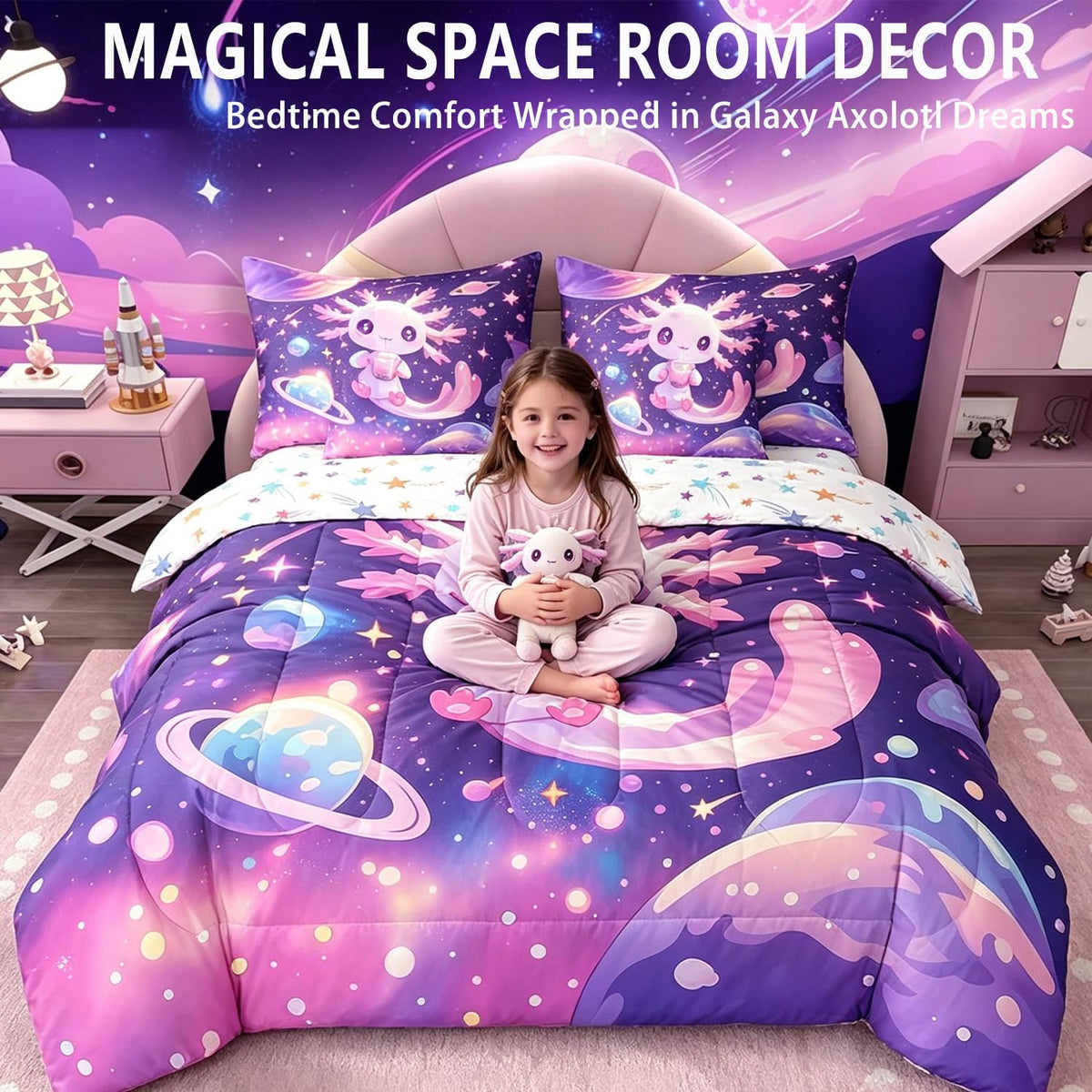 Feelyou Kids Cute Axolotl Comforter Set with Sheets Twin Size, Galaxy Planet Space 7 Pieces Bedding Set Boys Girls Cartoon Animal Bed in A Bag Dreamy Starry Teens Bed Set Bedroom Decor 7Pcs