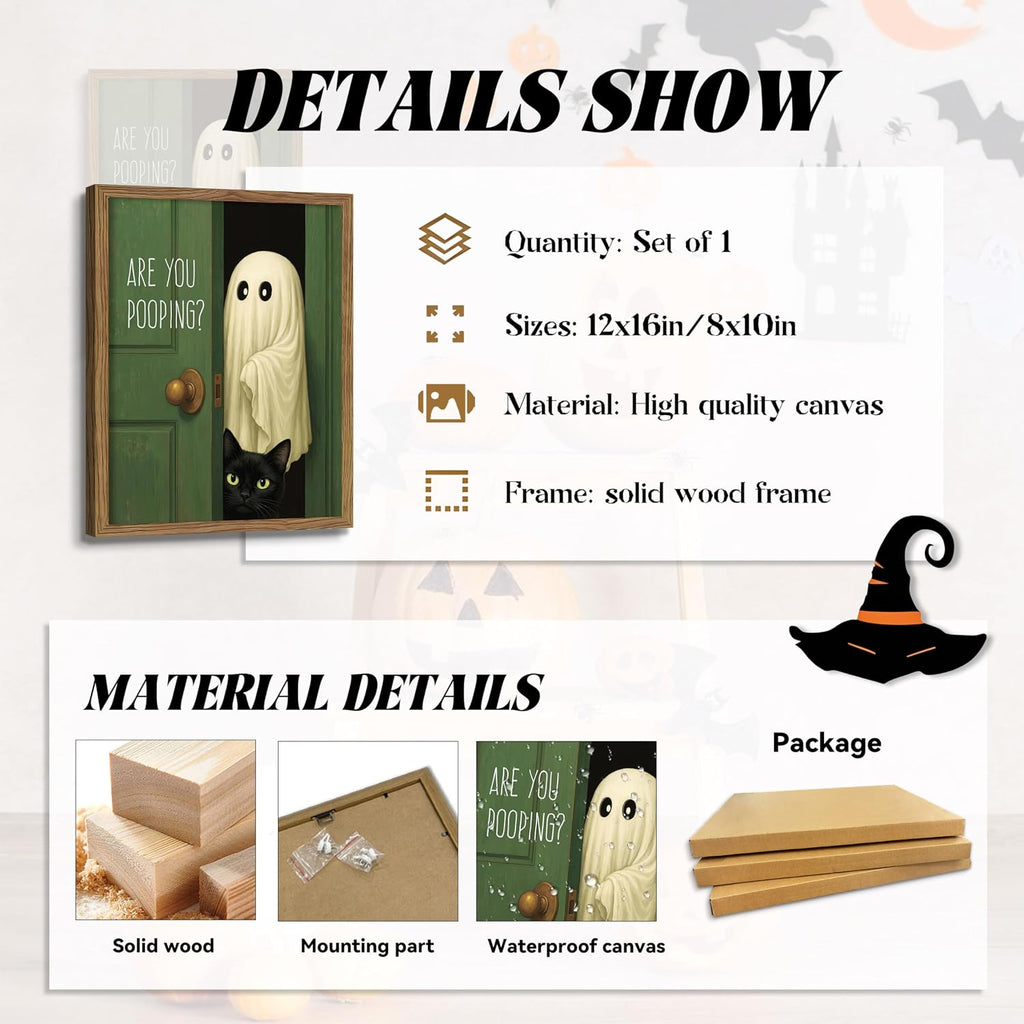 Funny Ghost Cat Halloween Bathroom Wall Art, Cute Ghost Bathroom Halloween Wall Decor Are You Pooping Picture, Vintage Framed Canvas Prints Funny Artwork for Restroom 8x10in Wood Frame