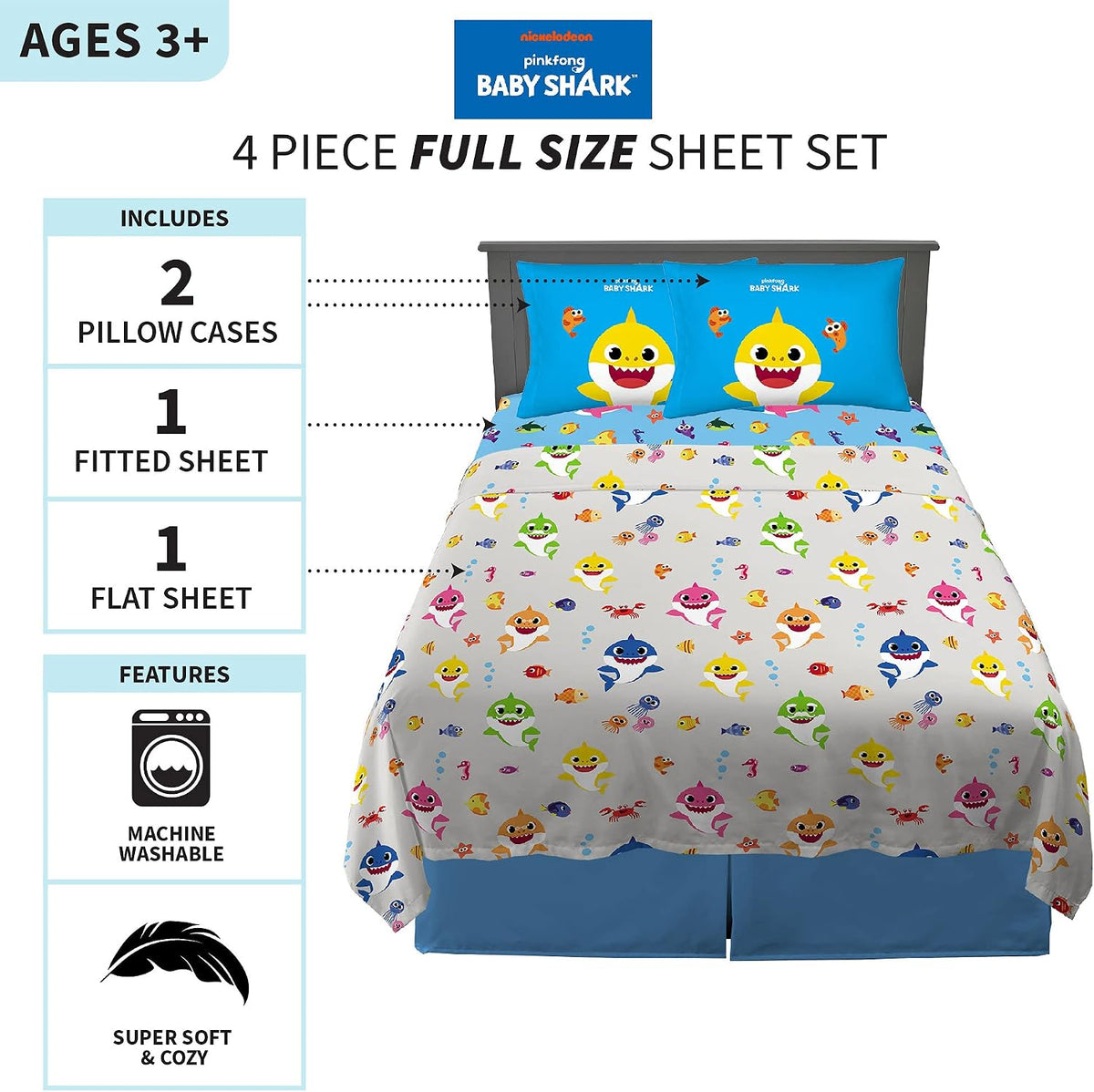 Franco Kids Bedding Super Soft Microfiber Sheet Set, Full, Baby Shark