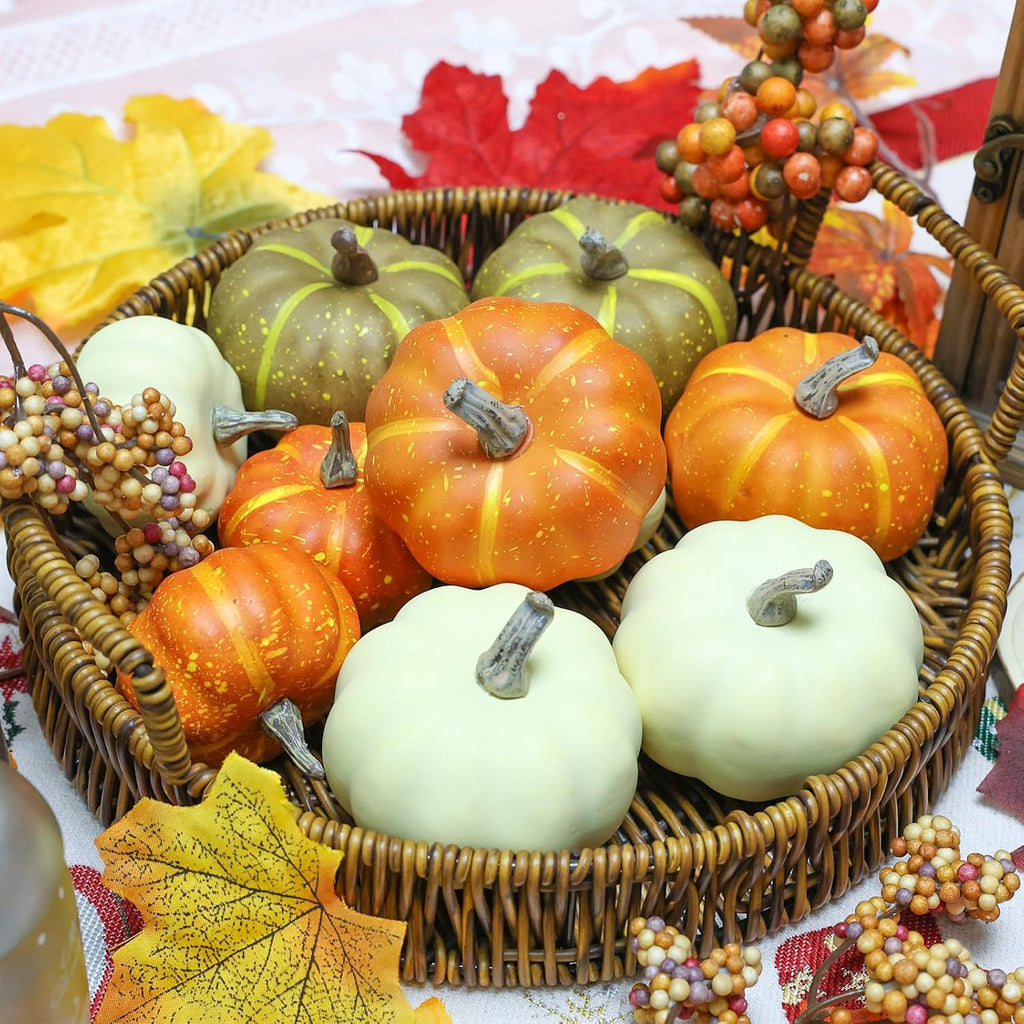 10Pcs Fake Pumpkins Fall Thanksgiving Decorations,Assorted Colors Plastic Pumpkins Home Decor, Artificial Mini Pumpkin for Decorating Autumn Harvest Outdoor Indoor Decor Centerpiece Table Decorations