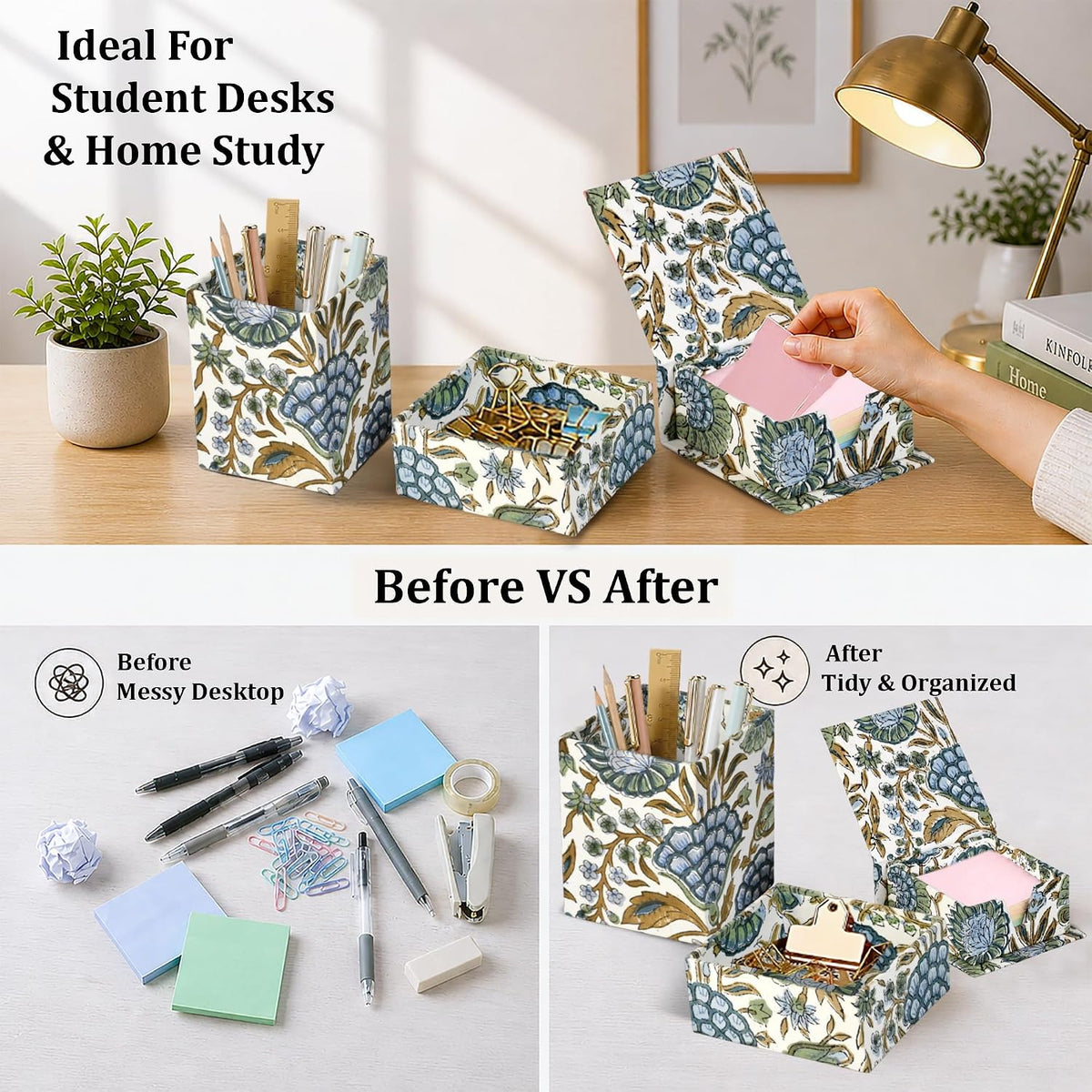Ridhi Asparagus Green Block Print Desk Organizer Pen & Notepad Holder Set-3