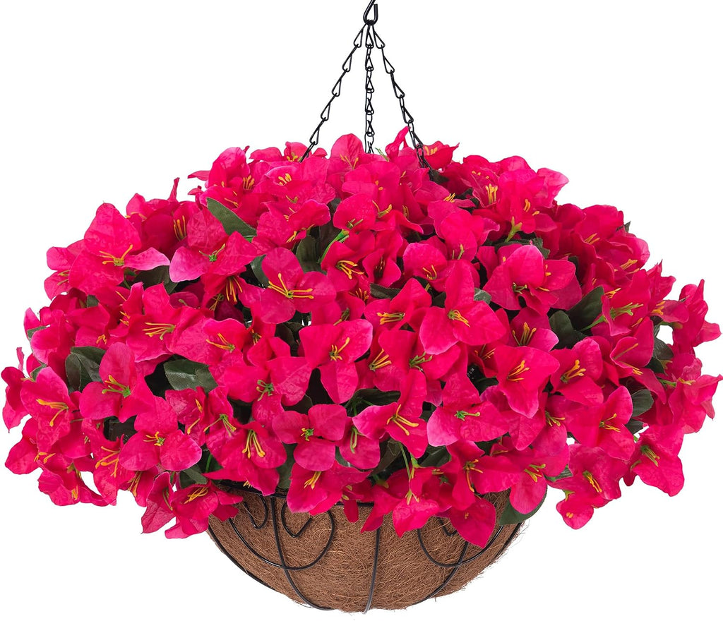 Artificial Hanging Flowers Faux Plants Basket for Outdoors Fall Winter Decor, Fake Silk Bougainvillea in Planter Outdoor Look Real UV Resistant Faux Flower for Outside Porch Patio Garden Home, White