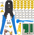 LEATBUY Network Crimp Tool Kit for RJ45/CAT5/CAT6, Professional Crimper Connector Stripper Cutter, Computer Maintenance Lan Cable Pliers Tester Ethernet Repair Set (Blue)