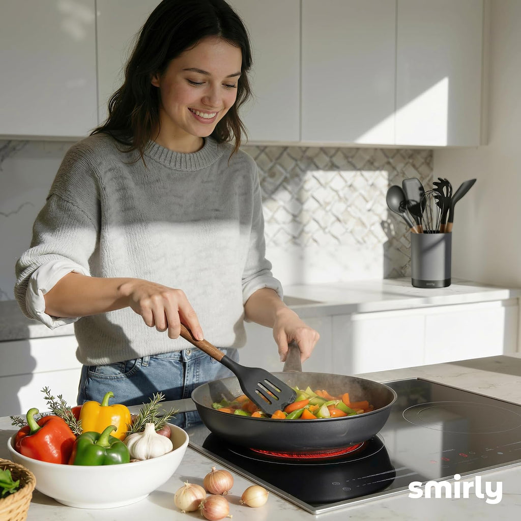 SMIRLY Silicone Kitchen Utensils Set, 22-Piece Acacia Wood Handle, Black