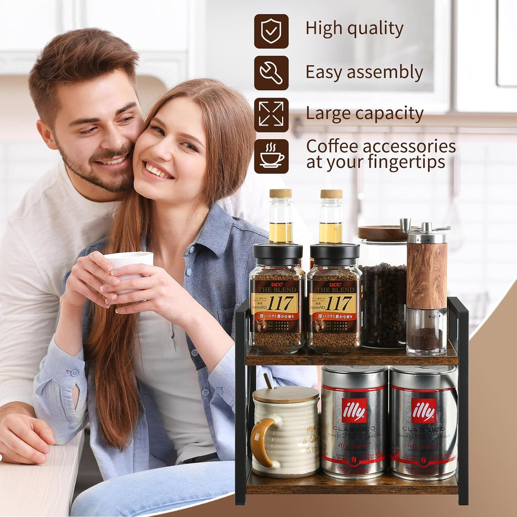 Countertop Shelf Organizer,Coffee Bar Accessories,Spice Rack,Coffee Counter Shelf,2 Tier Coffee Organizer Station for Mugs,Cups,Cream,Syrup(Rustic Brown, Small)