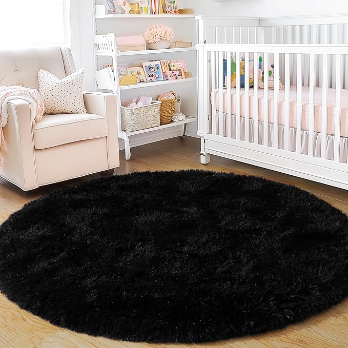 5'x5' Black Round Rug for Bedroom, Ultra Soft Fluffy Circle Rug for Kids Girls - Image 8