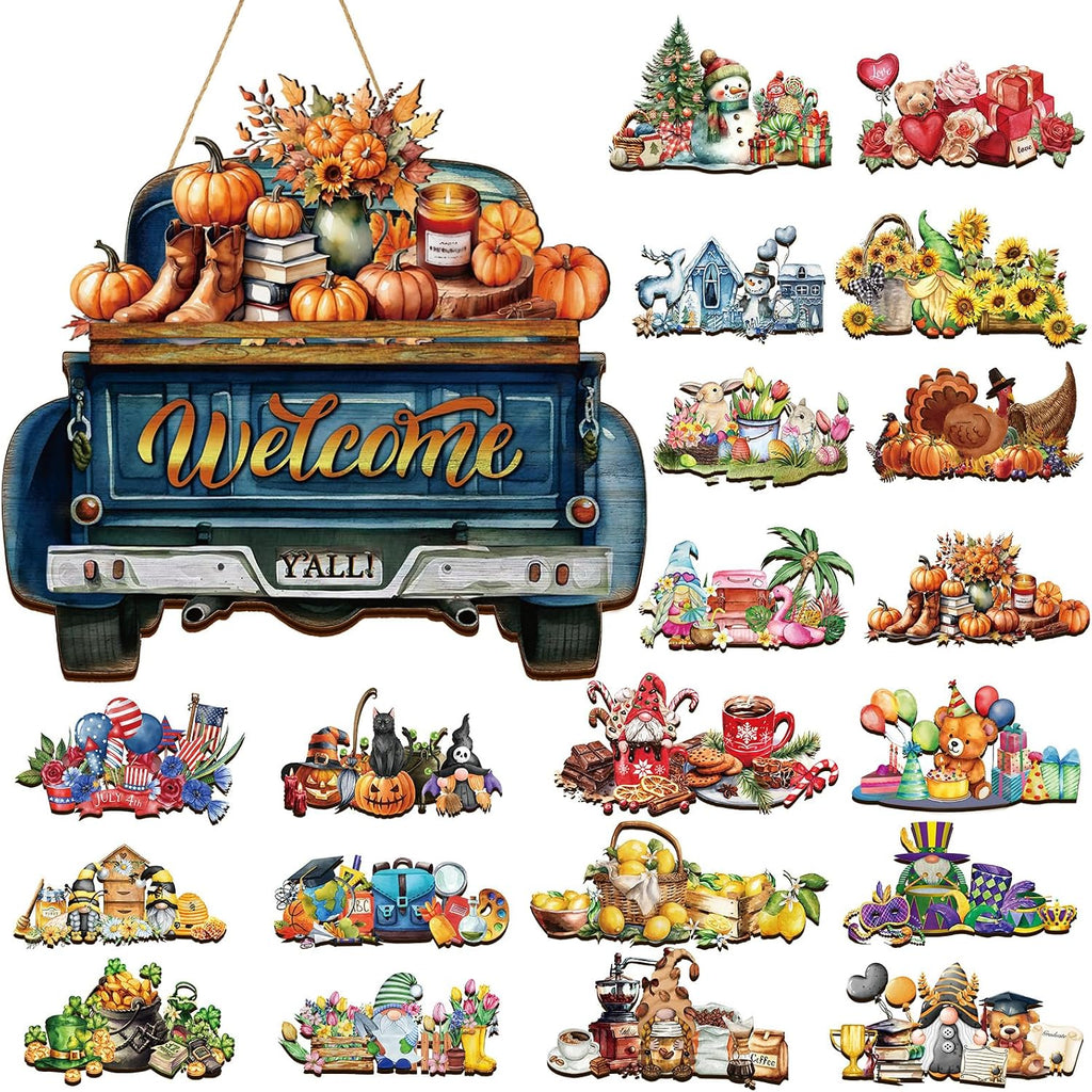 21 Pcs Interchangeable Seasonal Welcome Sign Front Door Decoration