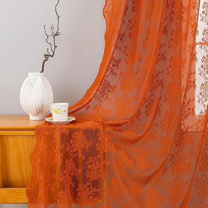 YJ YANJUN Vintage Lace Curtains 45 Inch Length- Burtnt Orange Fall Kitchen - Image 3