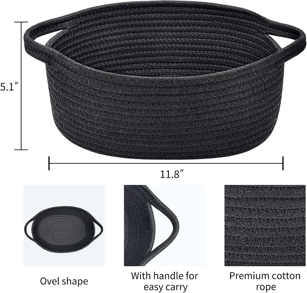 ABenkle Small Basket with Handles, Boho Decorative Rope Woven Dog Cat Toy Storage Bin Shelf Storage Organizer, Easter Christmas Gift Basket, 12"x8"x5", Black