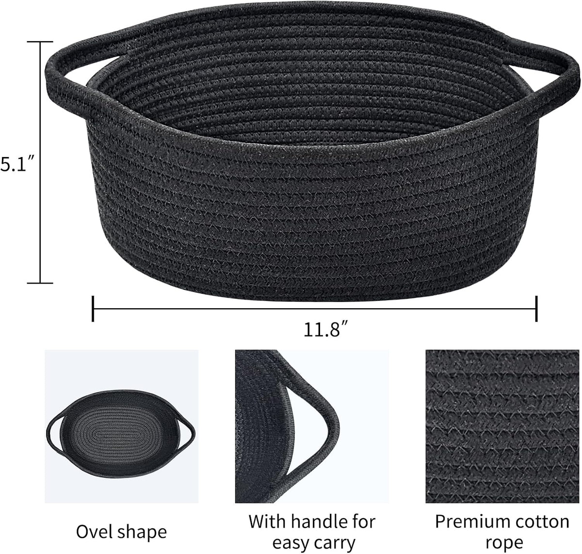 ABenkle Small Basket with Handles, Boho Decorative Rope Woven Dog Cat Toy Storage Bin Shelf Storage Organizer, Easter Christmas Gift Basket, 12"x8"x5", Black