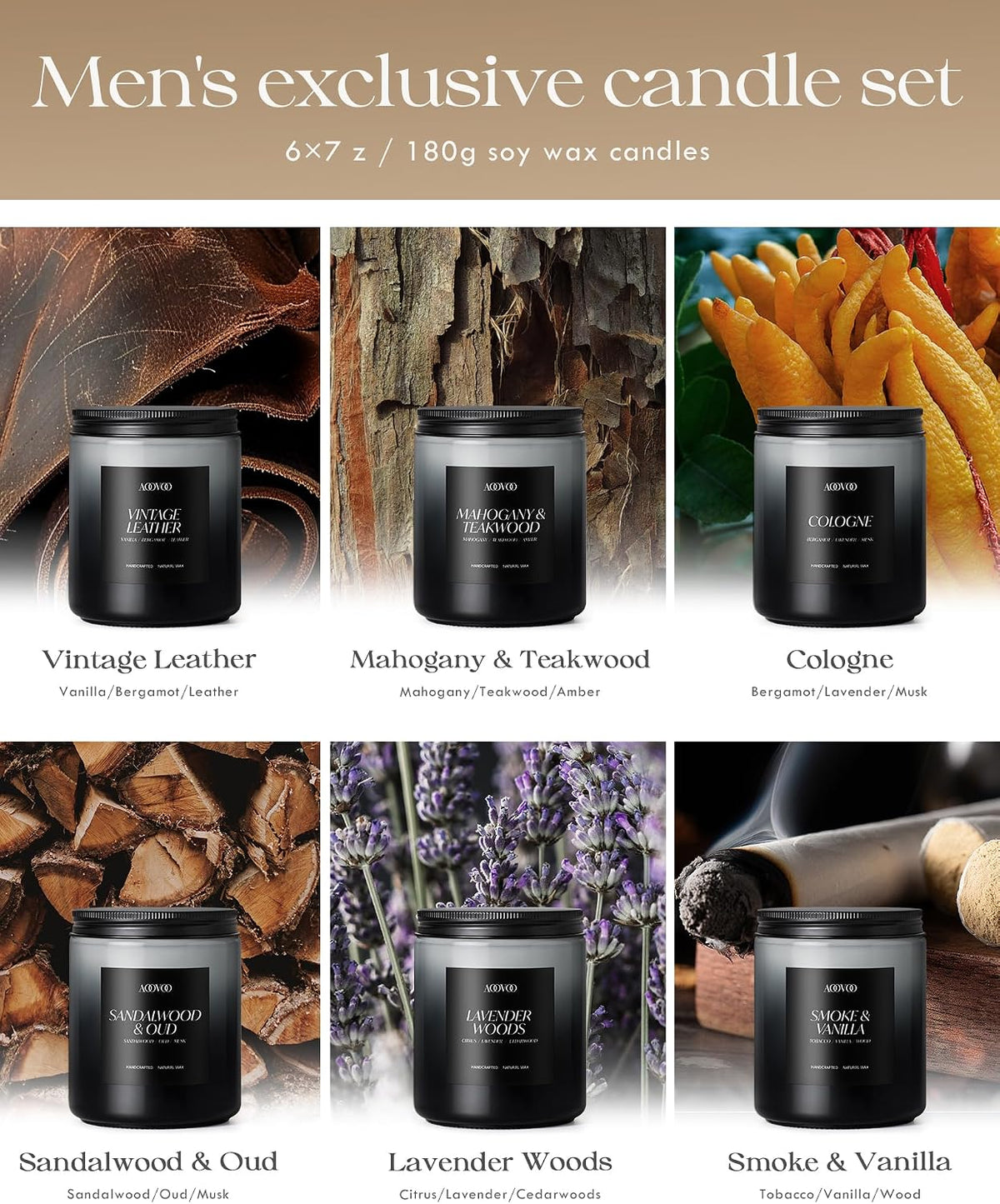 AOOVOO Scented Candles Set - 6 Pack Men Candles for Home Scented