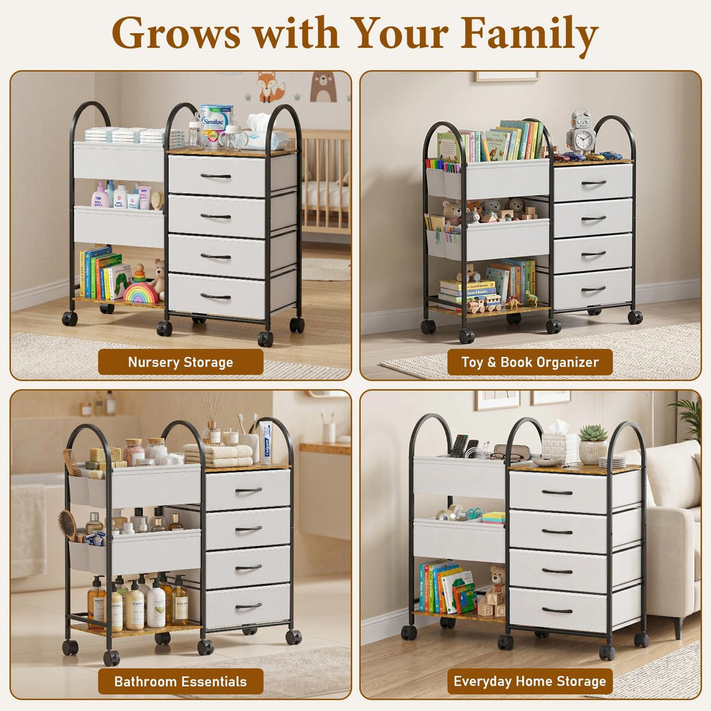 Baby Diaper Caddy Organizer Cart with Wheels, 4-Tier Rolling Diaper Cart with Dividers and Drawers, Multi-Layer Nursery Storage for Diapers & Baby Essentials