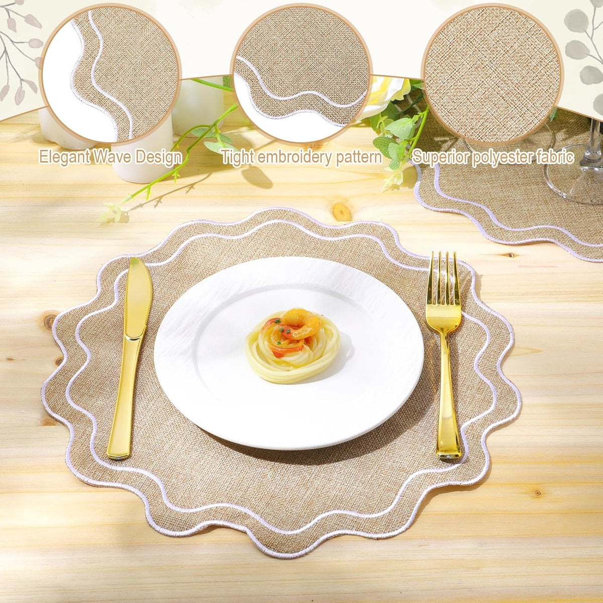 Set of 6 Round Cotton Linen Placemats, Linen with White, 15 Inch
