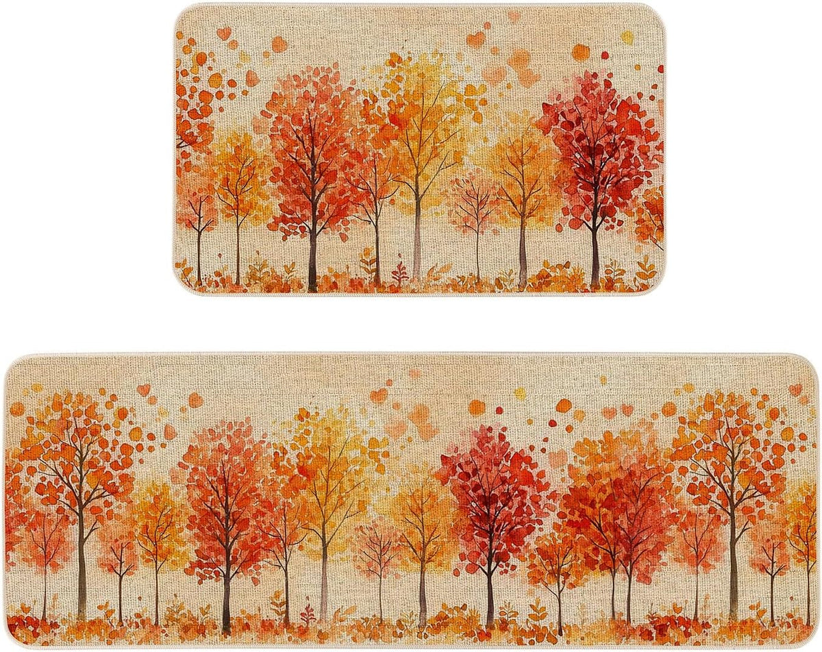 Watercolor Fall Maple Trees Kitchen Rugs Set of 2, 17x29 and 17x47 Inch